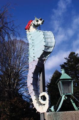 Christmas Scenes
Salty the Seahorse is in the holiday spirit, while Rudolph seems to have lost an antler at Town Hall and one village home’s gathering of Christmas characters overlooks Mattapoisett harbor. Photos by Mick Colageo
