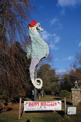 Christmas Scenes
Salty the Seahorse is in the holiday spirit, while Rudolph seems to have lost an antler at Town Hall and one village home’s gathering of Christmas characters overlooks Mattapoisett harbor. Photos by Mick Colageo
