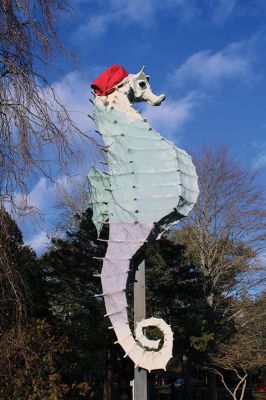 Christmas Scenes
Salty the Seahorse is in the holiday spirit, while Rudolph seems to have lost an antler at Town Hall and one village home’s gathering of Christmas characters overlooks Mattapoisett harbor. Photos by Mick Colageo
