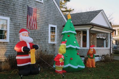 Christmas Scenes
Salty the Seahorse is in the holiday spirit, while Rudolph seems to have lost an antler at Town Hall and one village home’s gathering of Christmas characters overlooks Mattapoisett harbor. Photos by Mick Colageo
