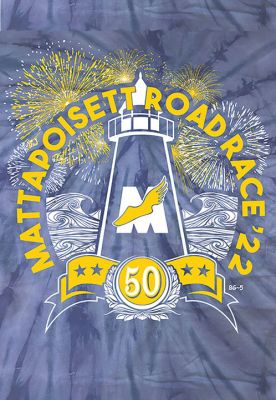 Mattapoisett Road Race
The image that participants and spectators will see on the official T-shirt of the 50th running of the Mattapoisett 5 Mile Road Race, scheduled for Monday, July 4, at 9:00 am. Designed by Mike Antonio and tweaked by James Soares, the concept pays tribute to the late Bob Gardner, founder of the race. Image courtesy of Mattapoisett Road Race and B4 Printing - June 30, 2022 edition
