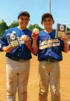 Series Champs
Cam Coelho, left, and Mitchell Midwood, both of Mattapoisett, are shown Saturday in Davidson, N.C., proudly exhibiting the championship plaques they were awarded as members of the 11-and-Under travel team of the Swansea Independent Baseball League of Swansea . (Photo courtesy of Swansea Independent Baseball League)
