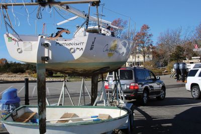 Boats
Many of boats of varying shapes and sizes were hauled out of Mattapoisett Harbor last weekend, including center-console models with outboard motors and sailboats. This Mattapoisett-based, J/80 sailboat came out of the water to reveal tiny shrimp crawling on its rudder. Photos by Mick Colageo
