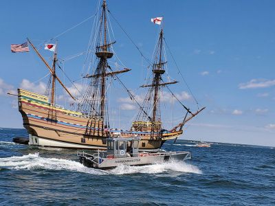 Mayflower
Mattapoisett’s harbormaster and team assisted the Army Corps and the Coast Guard, as the Mayflower returned to Plymouth via Buzzards Bay and the Cape Cod Canal after completing sea trials and a stay in New Bedford due to recent tropical storm. Photo courtesy of Massachusetts Environmental Police
