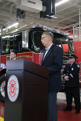 Mattapoisett Fire Station
The Mattapoisett Fire Station Building Committee has seen through to completion the town’s new facility on Route 6. Before the December 11 raising of the American flag, hundreds gathered inside to hear from the committee’s members and town officials. Fire Chief Andrew Murray presented the shovel that first broke ground to Committee Chairman Mike Hickey and certificates of appreciation to Hickey, Committee member William Kantor, Fire Department Captain Jordan Collyer, Photos by Mick Colageo
