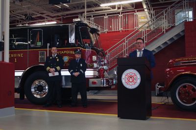 Mattapoisett Fire Station
The Mattapoisett Fire Station Building Committee has seen through to completion the town’s new facility on Route 6. Before the December 11 raising of the American flag, hundreds gathered inside to hear from the committee’s members and town officials. Fire Chief Andrew Murray presented the shovel that first broke ground to Committee Chairman Mike Hickey and certificates of appreciation to Hickey, Committee member William Kantor, Fire Department Captain Jordan Collyer, Photos by Mick Colageo
