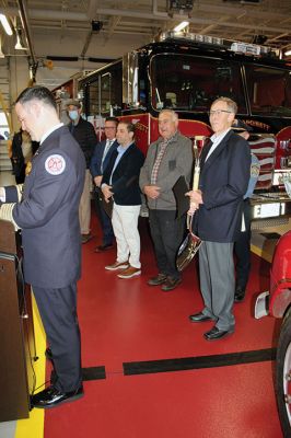 Mattapoisett Fire Station
The Mattapoisett Fire Station Building Committee has seen through to completion the town’s new facility on Route 6. Before the December 11 raising of the American flag, hundreds gathered inside to hear from the committee’s members and town officials. Fire Chief Andrew Murray presented the shovel that first broke ground to Committee Chairman Mike Hickey and certificates of appreciation to Hickey, Committee member William Kantor, Fire Department Captain Jordan Collyer, Photos by Mick Colageo
