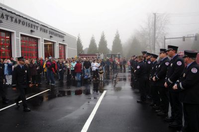 Mattapoisett Fire Station
The Mattapoisett Fire Station Building Committee has seen through to completion the town’s new facility on Route 6. Before the December 11 raising of the American flag, hundreds gathered inside to hear from the committee’s members and town officials. Fire Chief Andrew Murray presented the shovel that first broke ground to Committee Chairman Mike Hickey and certificates of appreciation to Hickey, Committee member William Kantor, Fire Department Captain Jordan Collyer, Photos by Mick Colageo
