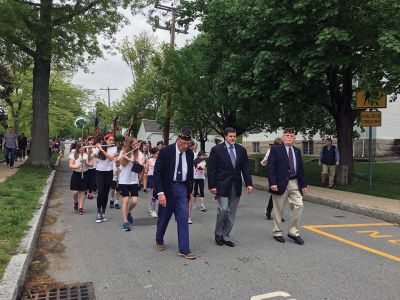 Mattapoisett Memorial Day
Mattapoisett Board of Selectmen along with members of the American Legion Florence Eastman Post 280, Rep. William Straus, and special guest Col. Chris Kidd attended the Memorial Day observances at Center School on May 28. The Old Hammondtown School concert band under the direction of Cara Kinney played patriotic tunes to a full house, and afterwards the Memorial Day parade headed to the Civil War monument at the library. Photos by Marilou Newell
