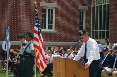 Mattapoisett’s Memorial Day
Parade Marshall and Commander Michael Lamoureux (right) introduced all of the speakers during Mattapoisett’s Memorial Day ceremony on May 28, 2012. Photo by Eric Tripoli.
