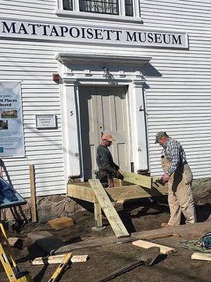 Mattapoisett Museum
Much anticipated work has begun on the Mattapoisett Museum's front entrance way. The building was built in 1821 and has been used as a meeting house and a Baptist church. The 21st century renovation is funded in part by a grant from the town's Community Preservation Act. Photo by Marilou Newell
