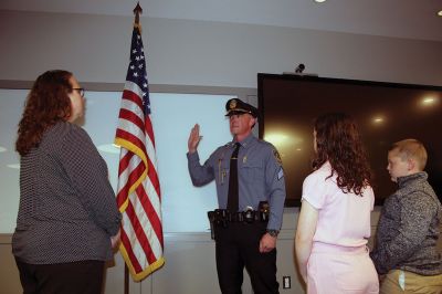 Mattapoisett Police Department
Robert Randall was sworn in as Sergeant with the Mattapoisett Police Department, and three, new full-time officers, from left: Louis DaSilva, Matthew Bates and Aaron Myers, were introduced during a special meeting of the Select Board on Monday at the fire station. Chief of Police Jason King welcomed the new officers, and Randall was sworn in by Town Clerk Catherine Heuberger. Randall’s daughter Madelyn, 9, applied his pin, as his son Beau, 8, looked on. Photos by Mick Colageo
