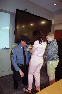 Mattapoisett Police Department
Robert Randall was sworn in as Sergeant with the Mattapoisett Police Department, and three, new full-time officers, from left: Louis DaSilva, Matthew Bates and Aaron Myers, were introduced during a special meeting of the Select Board on Monday at the fire station. Chief of Police Jason King welcomed the new officers, and Randall was sworn in by Town Clerk Catherine Heuberger. Randall’s daughter Madelyn, 9, applied his pin, as his son Beau, 8, looked on. Photos by Mick Colageo
