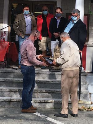 Mattapoisett Retiries 
Four recently retired, municipal employee relations were honored Tuesday afternoon for their long tenure and service to Mattapoisett and its residents at an outdoor ceremony. The four retirees are former Library Director Susan Pizzolato (11 years), former assistant Harbormaster Bob Ketchel (25 years), and Highway Department employees Jay DuPont (19 years) and Roger Fleurent (12 years). Pizzolato and Ketchel also received citations from the House of Representatives and the state senate. 
