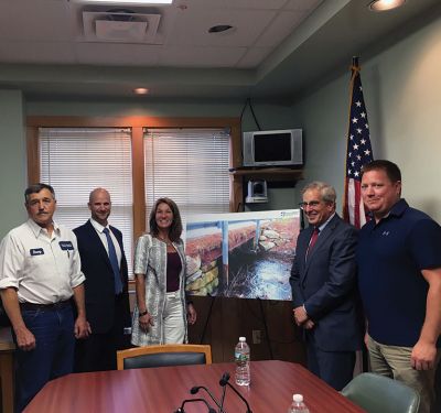 Lt. Governor Polito
On August 25, Lt. Governor Polito and members of the Massachusetts DOT along with State Representative William Straus, Mattapoisett Highway Surveyor Barry Denham, and Selectman Jordan Collyer met to discuss the recent grant money the Town used to repair the Randall Bridge on Acushnet Road. From L to R: Barry Denham, Jonathan Gulliver, Lt. Gov. Polito, Rep. Bill Straus, and Jordan Collyer. Photo by Marilou Newell
