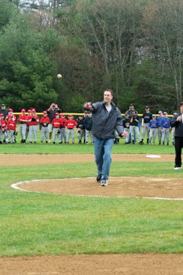 Opening Day
The Mattapoisett Youth Baseball League opened their 2009 season with a parade down Route Six on Saturday morning, May 2. Special guest and Boston Red Sox mascot Wally the Green Monster was on hand to throw out the first pitch and sign autographs for the young players. Photo by Robert Chiarito.
