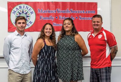 Mariner Youth Soccer 
Mariner Youth Soccer is pleased to announce the winners of its 2nd annual scholarship program. Left to Right: Mason DaSilva (Rochester), Lauren Arbec (Fairhaven), Nicole Ochoa (Fairhaven), and President of Mariner Youth Soccer Walter Baiardi. Photo courtesy Angela Dawicki
