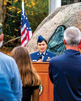 Marion Veteran's Day
Marion resident and Technical Sergeant of the Massachusetts National Guard Mandy Givens was the keynote speaker at the town's Veterans Day ceremony on November 11 at Old Landing. Select Board Chairman Randy Parker and outgoing Town Administrator Jay McGrail also shared remarks, and music was played by the Sippican Elementary School Band. Photos by Ryan Feeney
