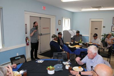 Marion Veterans
Marion veterans participated in the Council on Aging's "Vet Together" luncheon on Monday at the Cushing Community Center where they met retired Naval officer Chris Gerrior, the Tri-Town’s new veterans services officer. Pictured at the table enjoying lunch with Gerrior are, from left: Rocky Lopes, U.S. Army; A.J. Porche, U.S. Navy; Demi Barros, U.S. Navy; and Gabe Ditata, U.S. Army. Photos by Mick Colageo
