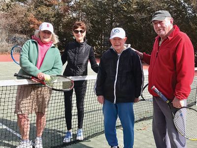 Winter Tennis
Ann Martin, Deanne Girouard, Bob Grant, and Aubrey Pothier took advantage of the unseasonably warm weather to play some tennis in Mattapoisett last week. Photo courtesy of Pat Hansbury
