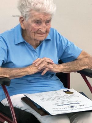 Maureen Riley
Rochester resident Maureen Riley, 102, was honored last week with the Boston Post Cane at the Rochester Senior Center. Minhtram Tran represented Plymouth County, and Maureen Flanagan represented the office of Senator Michael Rodrigues in recognizing Riley. Photos by Jeff Wagner
