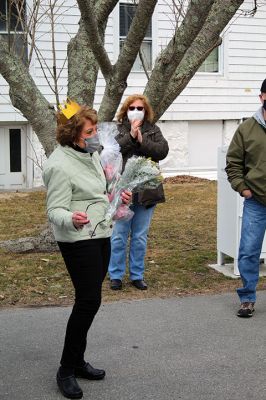 Melody Pacheco
On March 17 family, friends, and co-workers came out in force to beep and wave at retiring Mattapoisett Town Hall employee Melody Pacheco, who ended her 35-year career after serving in a variety of capacities, including assistant to the town administrator, for over a decade. While Pacheco looked on from the steps of Town Hall, all in attendance wished her a very happy retirement with cheers of “Thank You” and tears of gratitude. Photos by Mick Colageo
