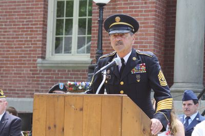 Memorial Day in Mattapoisett
Memorial Day in Mattapoisett was observed as it traditionally is, with ceremonies in front of the Mattapoisett Library followed by the parade march to Cushing Cemetery. This year’s guest speaker, Mattapoisett resident U.S. Army Sergeant Edward Sweeney, Jr. stirred the emotions of those in attendance with his speech about sacrifice and the American way of life. The Old Hammondtown School Band was impressive with its performance of several patriotic songs, and Representative William Straus, the selectmen, and
