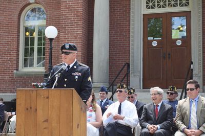 Memorial Day in Mattapoisett
Memorial Day in Mattapoisett was observed as it traditionally is, with ceremonies in front of the Mattapoisett Library followed by the parade march to Cushing Cemetery. This year’s guest speaker, Mattapoisett resident U.S. Army Sergeant Edward Sweeney, Jr. stirred the emotions of those in attendance with his speech about sacrifice and the American way of life. The Old Hammondtown School Band was impressive with its performance of several patriotic songs, and Representative William Straus, the selectmen, and
