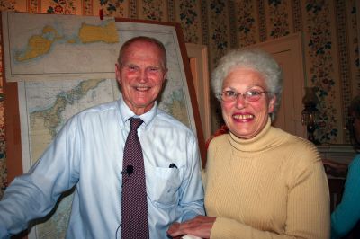 Historic Cuttyhunk
Seth Mendell, local historian and president of the Mattapoisett Historical Society, gave a talk on the history of Cuttyhunk at the Sippican Woman's Club meeting on October 14, 2011. Here, he chats with WC member Debbie Bush before the meeting. Photo by Joan Hartnett-Barry.
