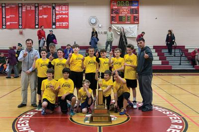 Girls and Boys Championship Games
Marion Recreation held the Girls and Boys Championship Games at the Old Rochester Regional High School on Thursday, March 20th. The Boys League 2014 Champions are the Lakers. Players: top row, Tucker Guard, Drew Hiller, Peter Murray, Nick Johnson, Sam Gryska, Joel Watters, Finn McCain, bottom row, Jacob Spark, Quin Kirby, Teagan McCain, Nathaniel Bangs and Caleb Devoe. Coached by: Joel Watters, Joel Watters Sr. and Joe Guard.
