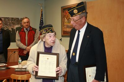 American Legion
On Tuesday, March 25, 2014 the American Legion and the Mattapoisett Board of Selectmen honored Evelyn Pursley and Donald Fleming whose decades of service to the town and its residents span a total of 110 years. Photo by Marilou Newell
