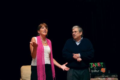 Murder with Wine
Nancy Havel (left) and Peter Havel (right) perform during the “Murder & Wine” fundraiser at Marion Music Hall on Friday, October 19, 2012.  They hold an annual wine-tasting event but this year was the first time they added a murder-mystery play to the evening.  Photo by Eric Tripoli.
