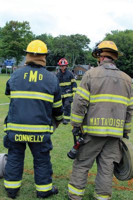 10th Annual Fairhaven Fire Muster
A team of five of Mattapoisett firefighters represented the department on Sunday, August 25, during the 10th Annual Fairhaven Fire Muster at Livesey Park in Fairhaven. The team took third place overall, first place in the dry hose competition, second in the wet hose competition, and second in the “mystery” event – axe throwing. Photos by Jean Perry
