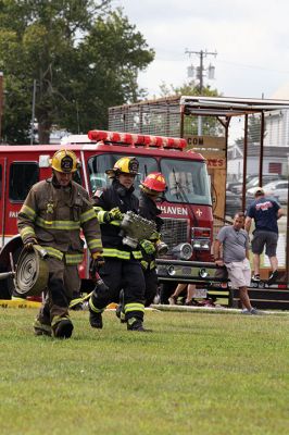 10th Annual Fairhaven Fire Muster
A team of five of Mattapoisett firefighters represented the department on Sunday, August 25, during the 10th Annual Fairhaven Fire Muster at Livesey Park in Fairhaven. The team took third place overall, first place in the dry hose competition, second in the wet hose competition, and second in the “mystery” event – axe throwing. Photos by Jean Perry
