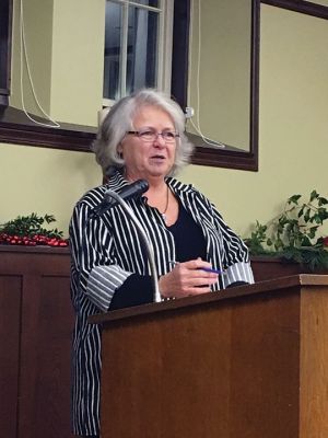 Mary Norris
Mary Norris, former copy editor for The New Yorker magazine and author of Between You & Me: Confessions of a Comma Queen, was the featured artist at the Mattapoisett Public Library’s Purrington Lecture Series talk on December 1. Photo by Marilou Newell
