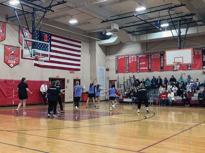 Old Hammondtown Students vs. Faculty Basketball Game
Mattapoisett Physical Education Teacher, Coach and event coordinator Chad Cabeceiras participates in the Old Hammondtown Students vs. Faculty basketball game held last week at Old Rochester Regional High School gym. The game, rescheduled as the ORR boys basketball team went deep into the MIAA state tournament, is a fundraiser for Old Hammondtown student activities. Photo courtesy of Old Hammondtown Principal Kevin Tavares
