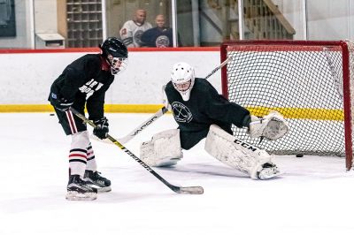 ORR Boy's Hockey
Seniors Ben Austin (left) and Brady Becotte (right) will provide leadership for a maturing ORR/Fairhaven boys hockey team. The Bulldogs practiced on Tuesday at Gallo Arena in Bourne. Photos by Ryan Feeney
