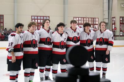 Senior Day
The Old Rochester/Fairhaven High School boys hockey team held Senior Day ceremonies prior to puck drop to Sunday’s game against Dennis-Yarmouth at Tabor Academy. Joined on the ice by their family members before the game were, from left: Nate Guerreiro, Cam Smith, Jake Drew, Captain Derek Gauvin, Captain Alec Marsden, Harry Hughes and Brady Kidney. Photos by Mick Colageo
