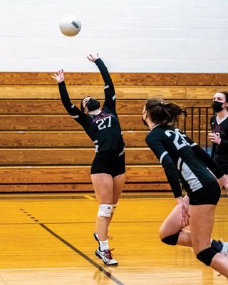 Old Rochester Regional High School Girls Volleyball
Senior co-captain Kailee Rodrigues sets the ball for her hitters, senior co-captain Meg Horan (11) and junior Maggie Brogioli (23), during the Old Rochester Regional High School girls volleyball team’s victory on Monday night at Fairhaven. The undefeated Bulldogs (11-0) open the South Coast Conference playoffs on Friday, April 30, on their home court in Mattapoisett. Photo by Ryan Feeney
