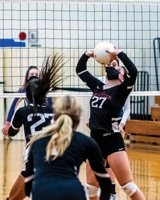 Old Rochester Regional High School Girls Volleyball
Senior co-captain Kailee Rodrigues sets the ball for her hitters, senior co-captain Meg Horan (11) and junior Maggie Brogioli (23), during the Old Rochester Regional High School girls volleyball team’s victory on Monday night at Fairhaven. The undefeated Bulldogs (11-0) open the South Coast Conference playoffs on Friday, April 30, on their home court in Mattapoisett. Photo by Ryan Feeney
