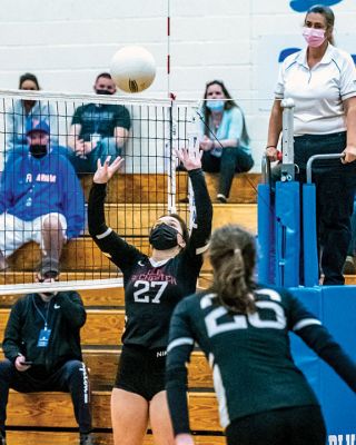 Old Rochester Regional High School Girls Volleyball
Senior co-captain Kailee Rodrigues sets the ball for her hitters, senior co-captain Meg Horan (11) and junior Maggie Brogioli (23), during the Old Rochester Regional High School girls volleyball team’s victory on Monday night at Fairhaven. The undefeated Bulldogs (11-0) open the South Coast Conference playoffs on Friday, April 30, on their home court in Mattapoisett. Photo by Ryan Feeney
