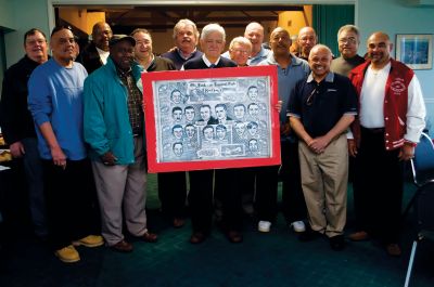 ORRHS Hall of Fame
Members of ORRHS 1965 JV and Varsity football team, Left to right: Steve Heath, Donald DePina, Billy Andrews, Frank Cabral, John (Giles) Guilherme, Byron Lafferty, Coach Frank Almeida, Richard Demello, Don Door, Domingo (Dingo) Depina, Kenny (Caboca) Corriea, Mikey Silva, Ken Lomba, Nicky Pina. Photo by Felix Perez.
