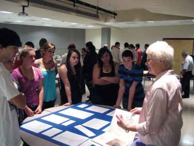 ORR History
Beaulieu of the Rochester Historical Commission offered a mini-lecture to Old Rochester Regional students Taylor Aguiar, Amanda Bergquist, Lauren White, Julie Blezard, Meghan McDonough, Nicole Boardman and Anthony Daniel in early October. Ms. Beaulieu was one of several RHC presenters who visited the ORRHS Social Studies Department to teach students about local history. Photo courtesy of Colin Everett. 
