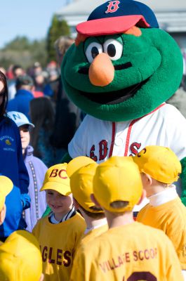 Opening Day
It was Opening Day  for the Old Rochester Little League April 28th. Wally the Green Monster and Former Red Sox Pitcher and South Coast native Brian Rose were on hand for the parade and opening ceremony. Photo by Felix Perez.
