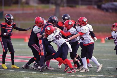 Old Rochester Youth Football 
Connor Nelson of the Old Rochester Youth Football 12-and-under team holds the snap as Giovanni Scherer kicks a field goal during the Bulldogs’ recent 30-24 victory over previously undefeated Manchester, Connecticut. Photo courtesy of Phil Mello
