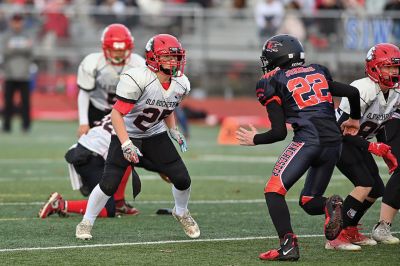 Old Rochester Youth Football 
Connor Nelson of the Old Rochester Youth Football 12-and-under team holds the snap as Giovanni Scherer kicks a field goal during the Bulldogs’ recent 30-24 victory over previously undefeated Manchester, Connecticut. Photo courtesy of Phil Mello
