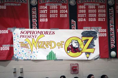 ORR Spirit Week
The culmination of Old Rochester Regional High School’s Spirit Week was a pep rally held after October 7 classes in the gymnasium. ORR sophomores performed a Wizard of Oz skit, and the ORR Bulldog joined Dorothy and company. The seniors displayed a "Back in Time/Back to the Future" theme, featuring a cleverly constructed “Delorean,” a colorful aerobics class, lots of action and energetic music with Marty McFly and Doc Brown characters joined by the heroic Bulldog. 
