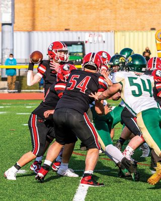 ORR Football
The Old Rochester Regional High School football team opened its season in a 42-15 defeat against Dighton-Rehoboth on March 27 in New Bedford. Above, Stephen Arne picks up a first down for the Bulldogs. Top right, Hayden Rinta (20) powers his way through the gap. Right, the Bulldogs take the play from Ryon Thomas (1). Bottom right, ORR's Jayven Pina Francis brings down D-R's Jaren Ramos. Below, Ryon Thomas throws deep down the sideline. Photos by Ryan Feeney
