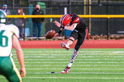 ORR Football
The Old Rochester Regional High School football team opened its season in a 42-15 defeat against Dighton-Rehoboth on March 27 in New Bedford. Above, Stephen Arne picks up a first down for the Bulldogs. Top right, Hayden Rinta (20) powers his way through the gap. Right, the Bulldogs take the play from Ryon Thomas (1). Bottom right, ORR's Jayven Pina Francis brings down D-R's Jaren Ramos. Below, Ryon Thomas throws deep down the sideline. Photos by Ryan Feeney
