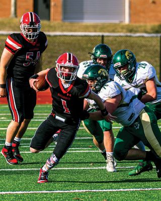 ORR Football
The Old Rochester Regional High School football team opened its season in a 42-15 defeat against Dighton-Rehoboth on March 27 in New Bedford. Above, Stephen Arne picks up a first down for the Bulldogs. Top right, Hayden Rinta (20) powers his way through the gap. Right, the Bulldogs take the play from Ryon Thomas (1). Bottom right, ORR's Jayven Pina Francis brings down D-R's Jaren Ramos. Below, Ryon Thomas throws deep down the sideline. Photos by Ryan Feeney
